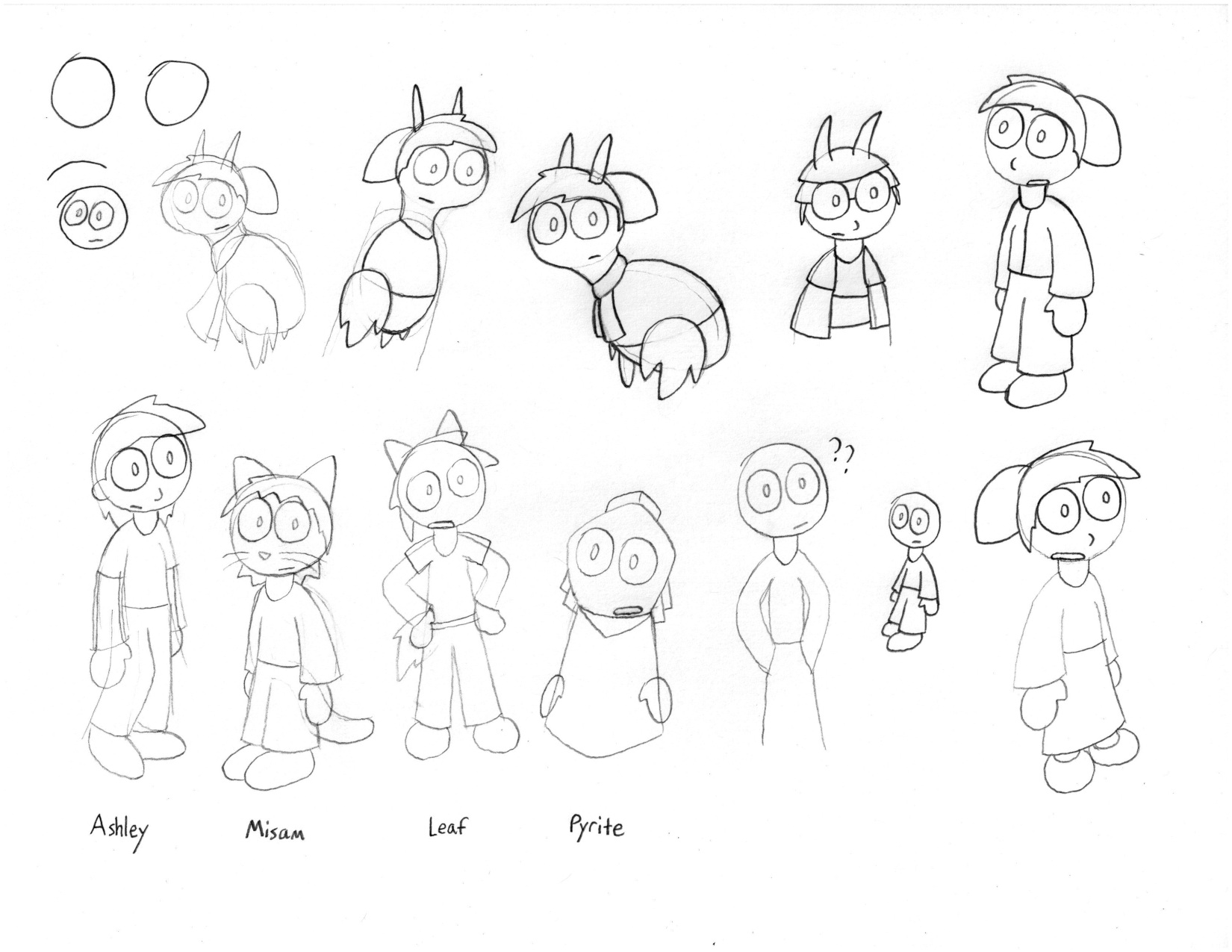 Pencil sketches of various characters, including Odri with a scarf