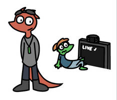 Kelper, a red lizard biped with goggles and a vial necklace, glancing at a scared lizard with clothes and hair who's in front of a webcam that says "Live"