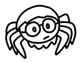 A simplistic, round cartoon spider with long hair and glasses