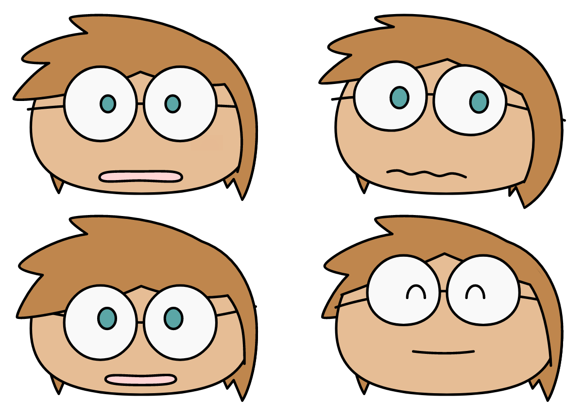 Cartoon drawings of a person shaped like a small horizontal oval with hair and glasses, with various expressions