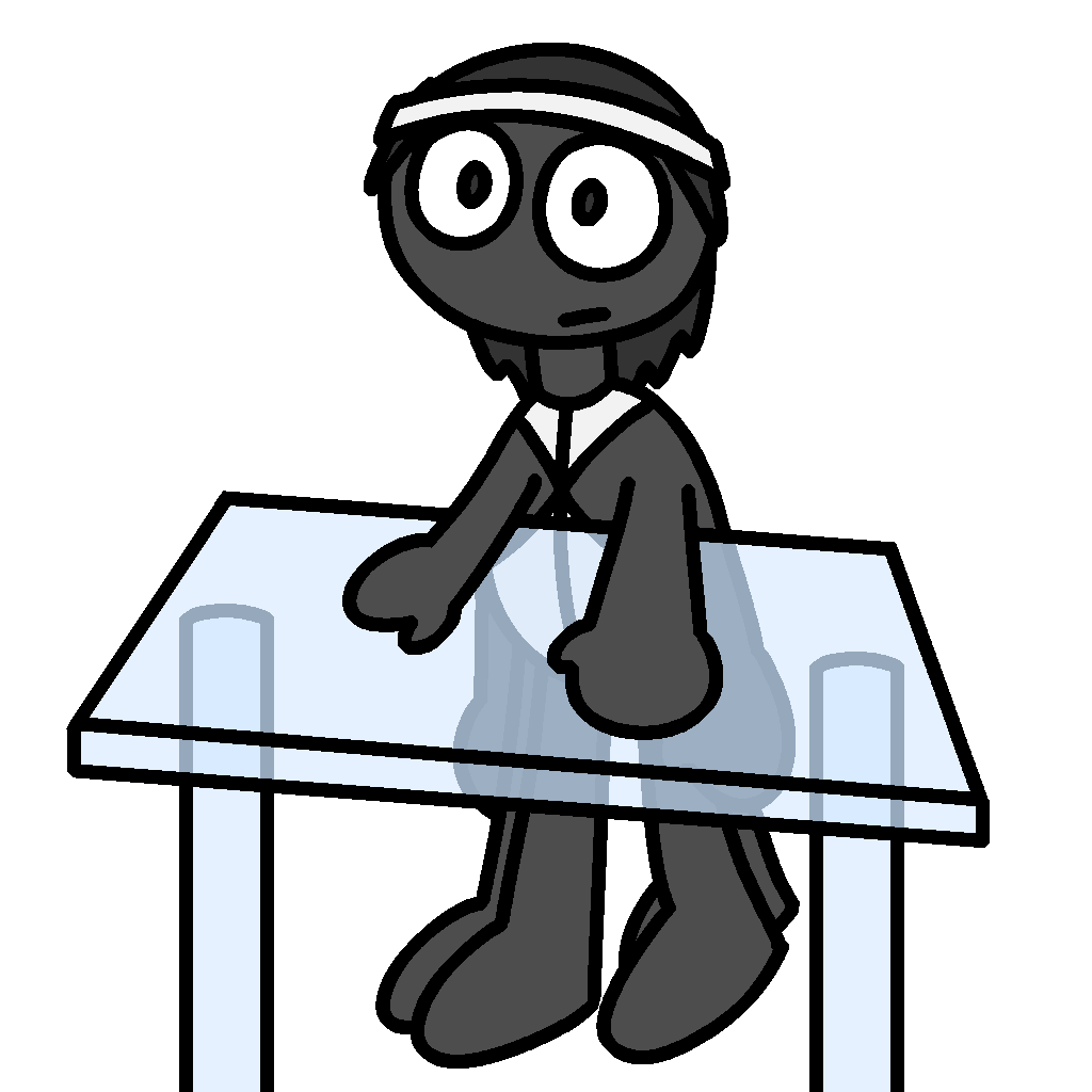 A cartoon of a humanoid spider character with 4 arms and 4 legs behind a glass table