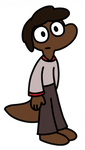 A person with dark skin tone and a round lizard snout and tail, wearing a pale pink and gray, barefoot