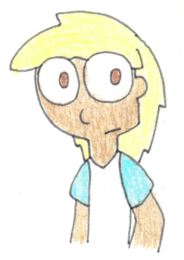 Cartoon portrait of a human character drawn in crayon