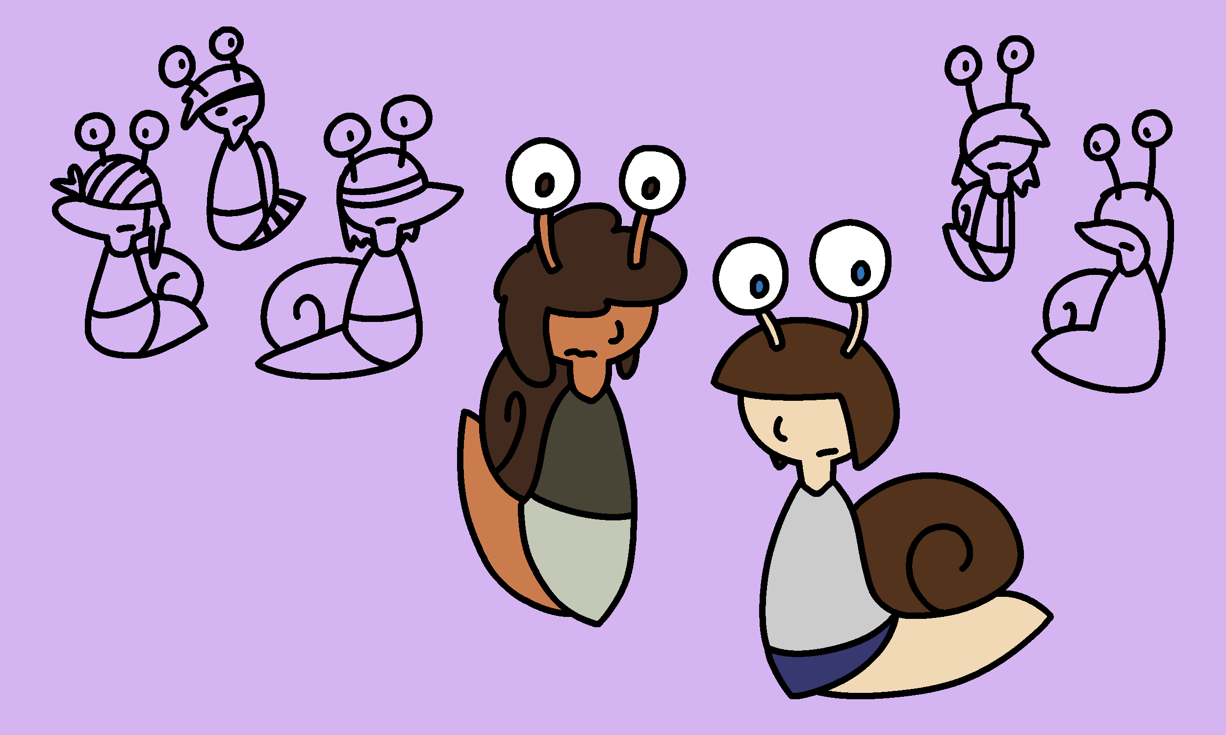 Two color drawings and a handful of background sketches of snail versions of characters, with a purple background