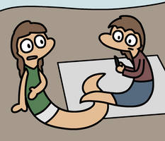 Two women on the beach whose bottom halves are turning into snake tails (with human coloration), and who now have snake snouts; one is looking at the other, who is focusing on her phone and oblivious