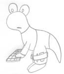 Uncolored sketch of a dinosaur alien at a computer keyboard