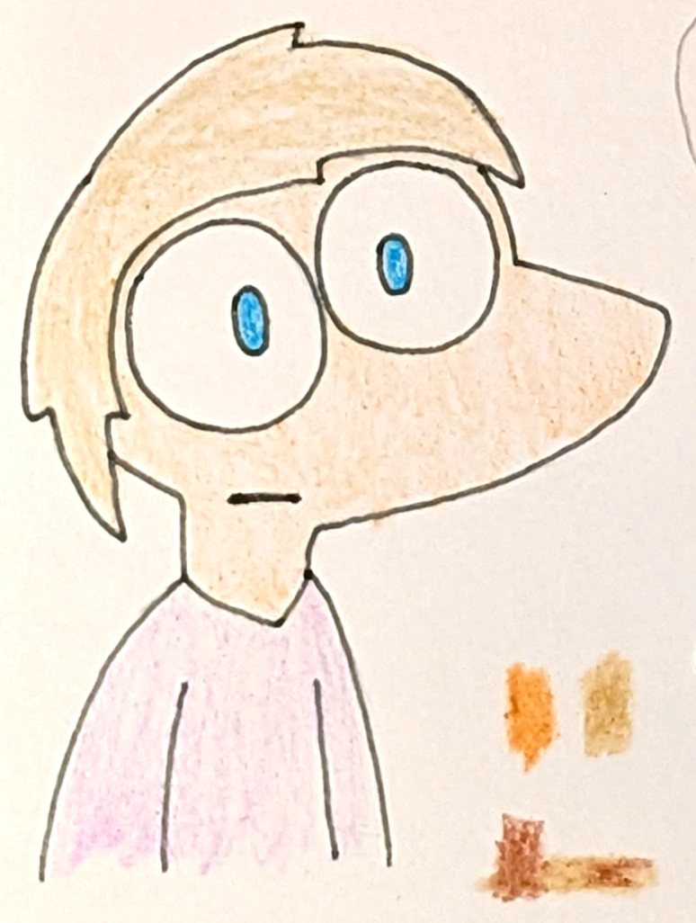 A cartoon portrait of a lizard/human hybrid, colored in crayon