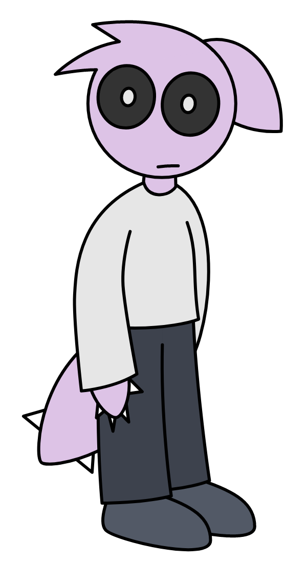 A drawing of a purple humanoid alien looking to slightly the left