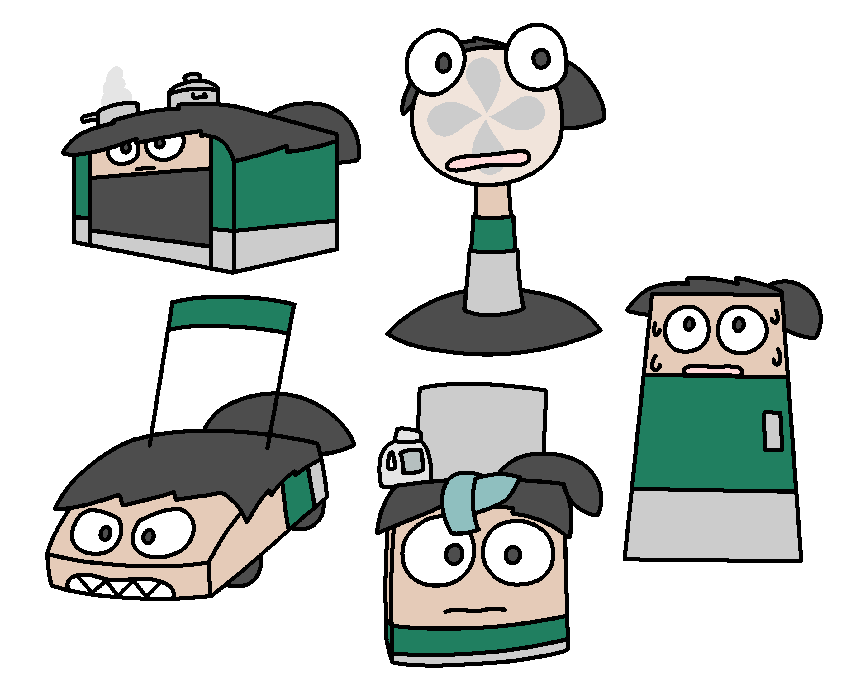 A cartoon human character in the shapes of an oven, a lawnmower, a pedestal fan, a washing machine, and a fridge