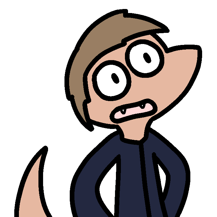 My fursona lizard character, with large eyes and open mouth, with two pointed teeth