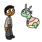 Zahir, a short-haired 20-ish guy with glasses, talking to a floating green alien with a pastel rainbow shirt, bandana, and necklace with a thumbdrive