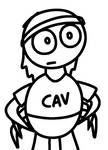 A person with six arms, a hat, long hair, and a shirt reading "CAV"