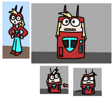 A superhero character, and a few drawings of the same character in the form of a vending machine, looking uncomfortable.