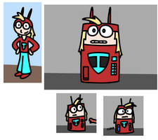 A superhero character, and a few drawings of the same character in the form of a vending machine, looking uncomfortable.