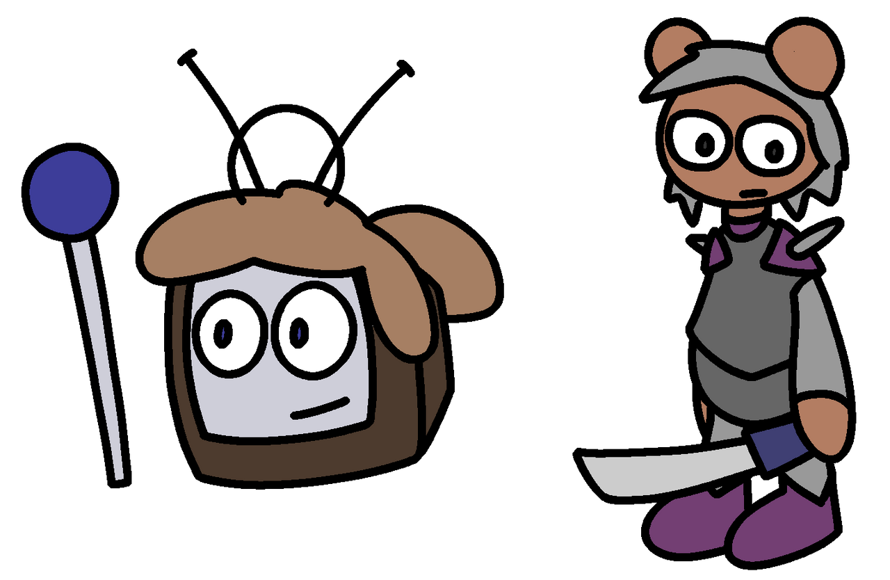 A brown TV character with a gray face and light brown hair and a TV antenna next to a staff, and a brown teddy bear with gray hair and gray and purple armor holding a large blade