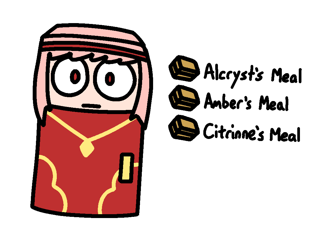 Lapis from "Fire Emblem: Engage" as a refrigerator, with an inventory listing of "Alcryst's Meal", "Amber's Meal", and "Citrinne's Meal"