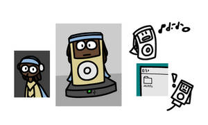 A superhero character wearing headphones, and that same character turned into an iPod classic; also hooked up to a computer, and singing