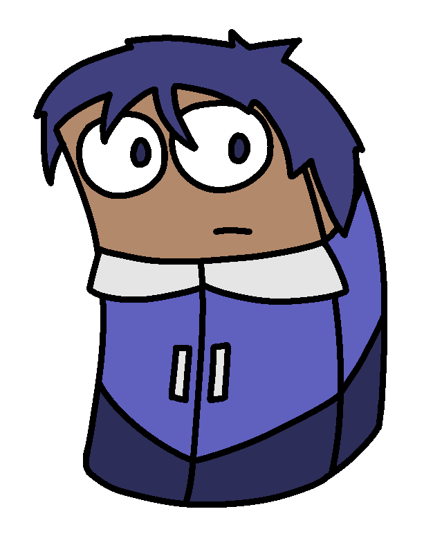 A light brown wardrobe character with blue hair and blue and white clothing, leaning forwards and looking to his left