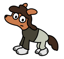 A four-legged dog with human skin color, hair and clothes, wearing socks on all four feet, her back knees bent slightly forwards