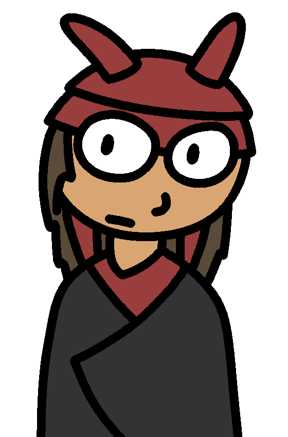 A human character (in a red metal hat with antennae) wearing a black towel or robe