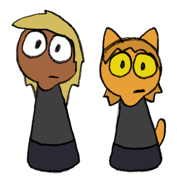 Doodle of Ashley and Misam as simple toys without arms, legs, or noses