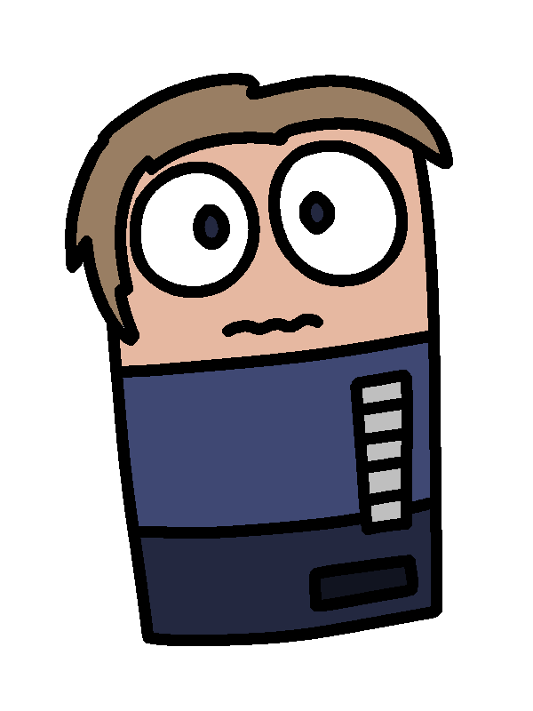 A cartoon character with light brown hair, in the shape of a vending machine, with a nervous expression