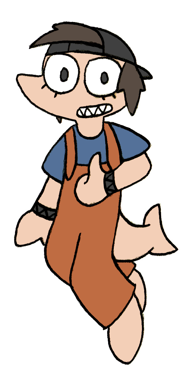 A girl with a shark's nose and tail, wearing orange overalls and a gray cap, grinning with sharp teeth while striking a pose