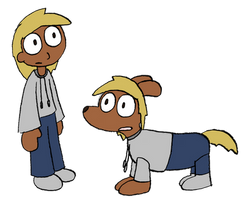 Ashley wearing a hooded sweatshirt, next to the artificial quadripedal dog version of her, wearing the same outfit