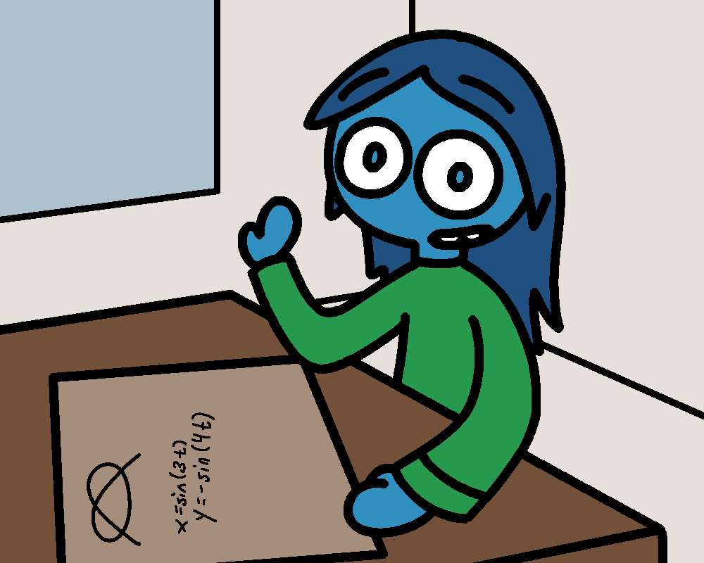 Ruby Gillman (from the movie) at a table with a sheet of paper with a graph of a pretzel