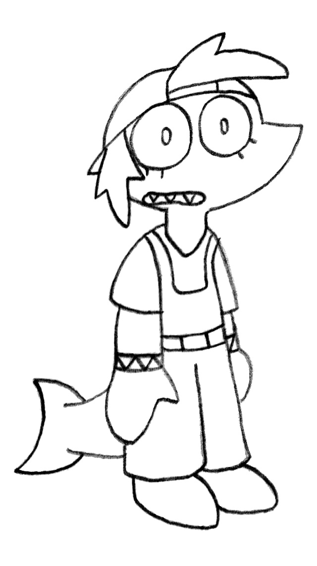 Maddie in shark form, looking scared