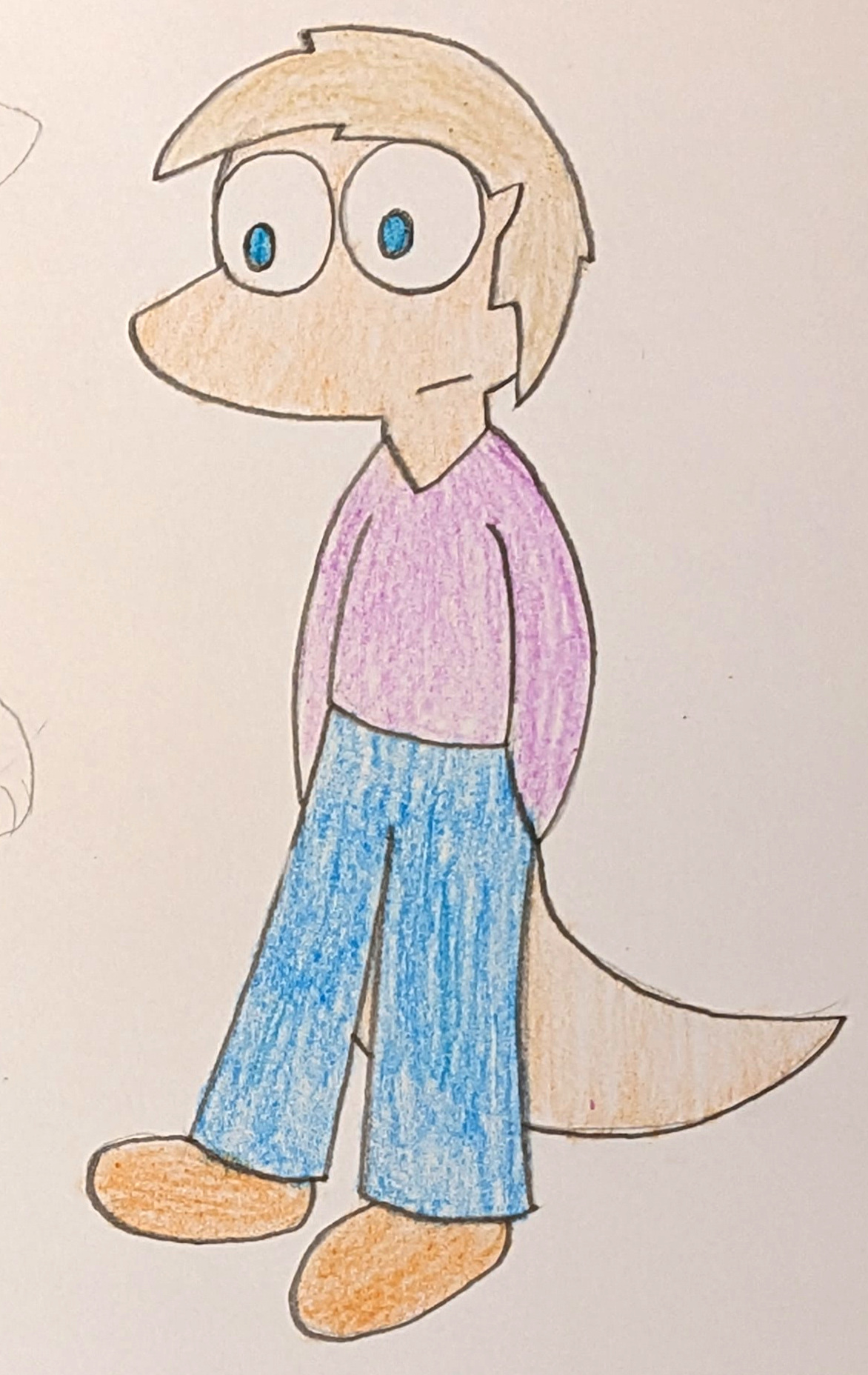 A cartoon drawing of a lizard/human hybrid, colored in crayon