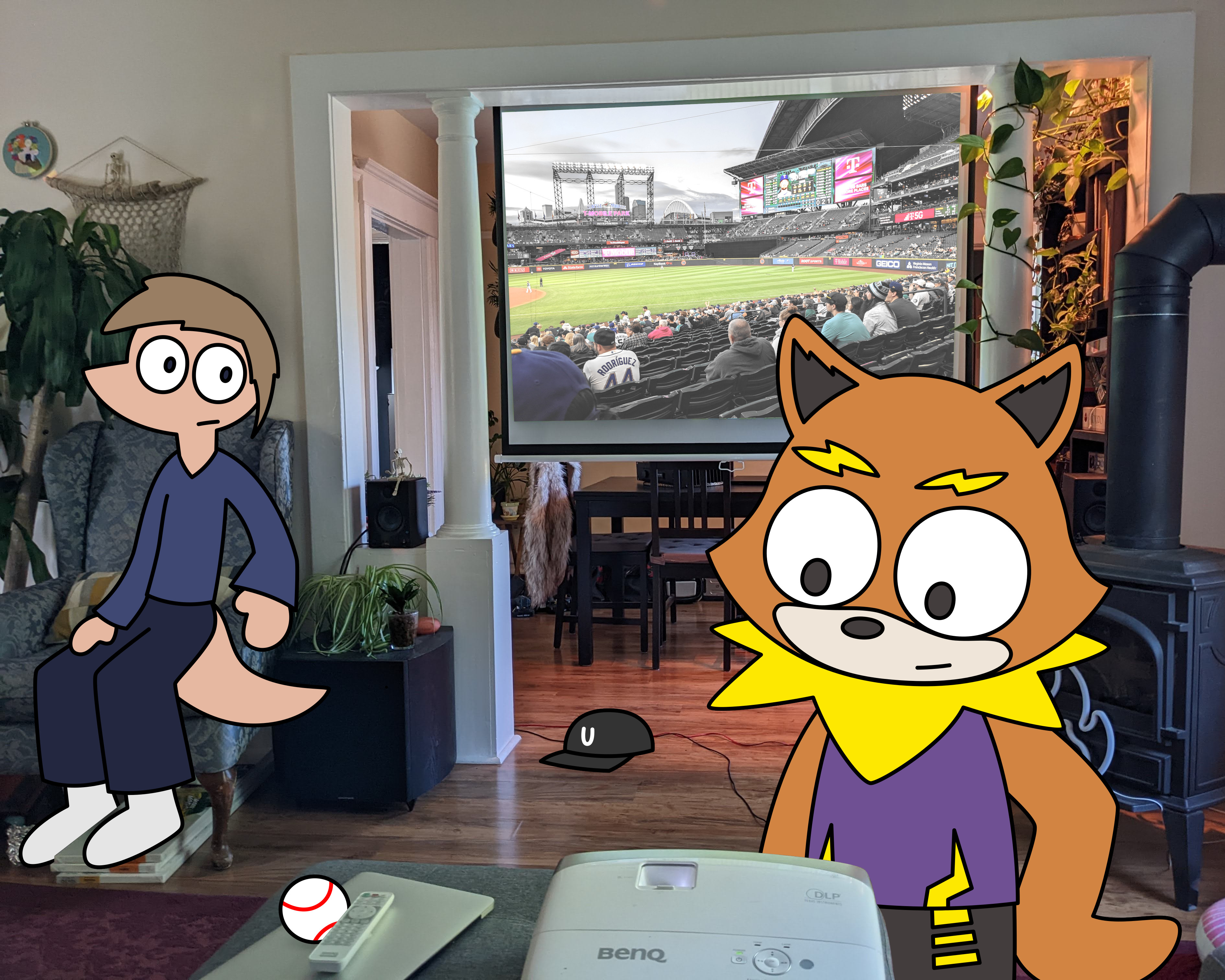 Two characters drawn over a photograph of a living room, with a projector showing a baseball game