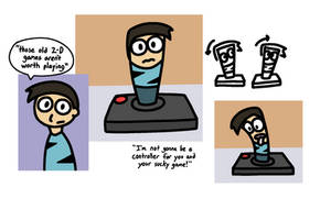 A superhero character, and a few drawings of the same character turned into an Atari-style joystick