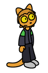 An orange bipedal cat alien with yellow eyes and hair just long enough to be visible behind his head