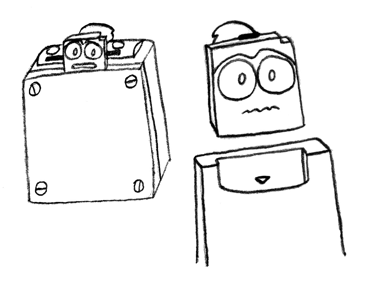 A Game Boy cart with a face and a ponytail, in a Game Boy Player in a GameCube laying sideways, and above the cart slot on the back of a Game Boy