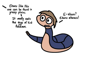 Tyler as the Pokémon Ekans, with blue scales and his original skin color on his belly, saying "E-ekans? Ekans ekansss!" while someone offscreen reads Ekans' Pokédex entry