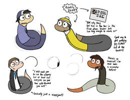 Four human characters turned into snakes, in situations such as blame for being a greedy CEO, or getting kicked out of a bar because snakes can't be over 21