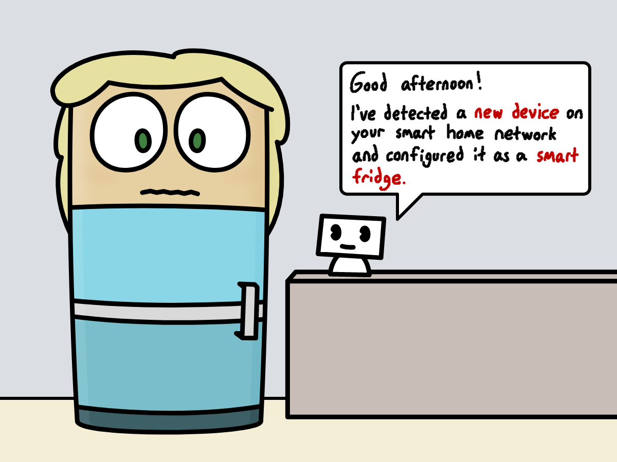 A living fridge character with human features, looking unsettled, as a small screen nearby with a simple smiling face says "Good afternoon! I've detected a new device on your smart home network and configured it as a smart fridge."
