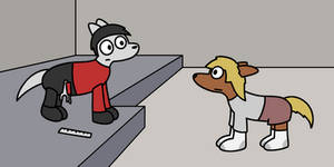 Ashley in an artificial four-legged body with a dog's snout, tail, and ears, with hair and clothes (including four socks), looking up at Algrady, the dog alien, who is on a platform with some tools