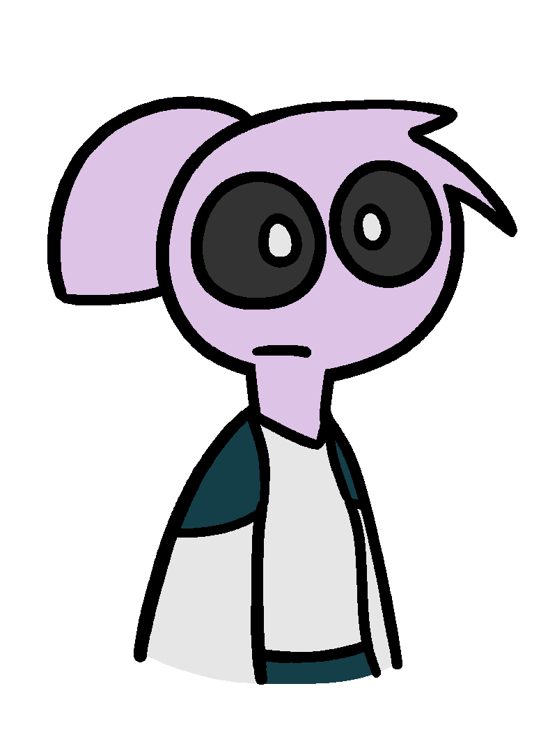 A torso-up cartoon of a person with lilac-colored skin and black eyes with white pupils, wearing a white and dark teal shirt