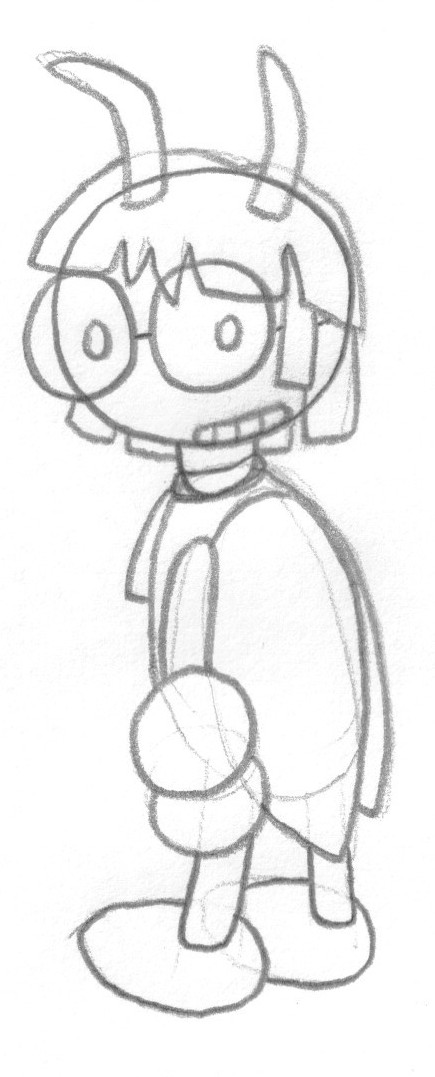 A rough pencil sketch of Bugsy as a Ledian from the back, grinning